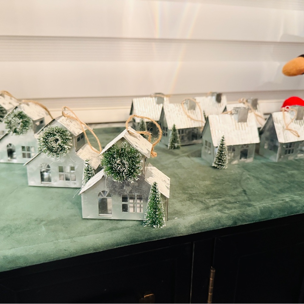 Charming Holiday House Ornament with Green Accents